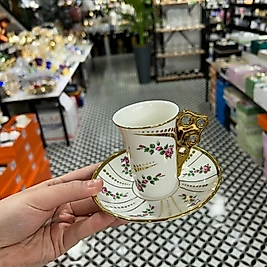 Pembe çiçekli gold Kuplu fincan takımı